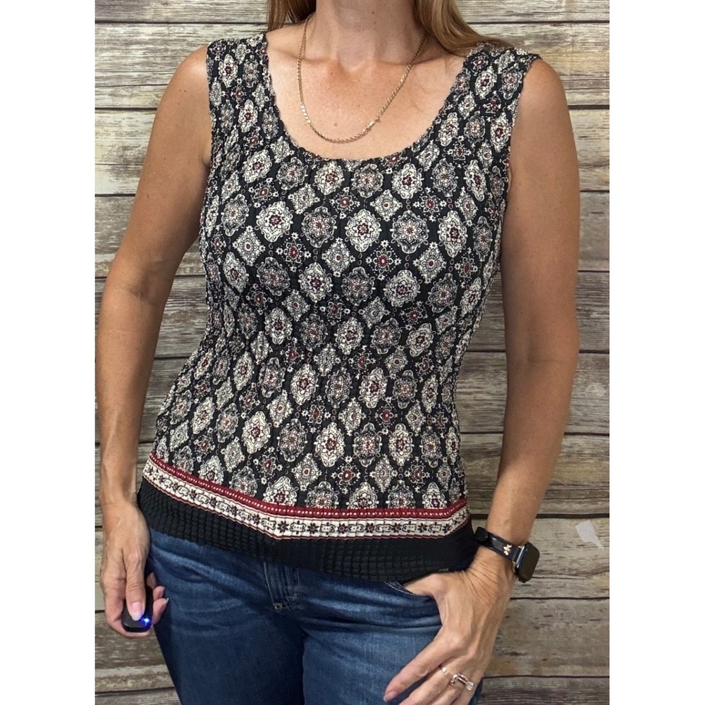Nicola Womens Black Red Medallion Print Crinkle Popcorn Tank Top Size Medium